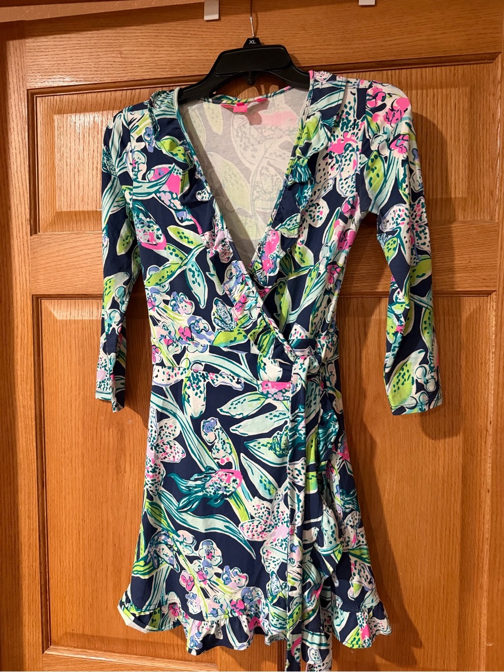 Lily Pulitzer Floral Wrap romper in Navy with Pink & Lime Accents size xxs